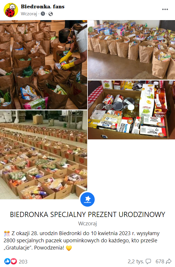 Zrzut ekranu wpisu na Facebooku, w którym profil Biedronka fans zapowiedział rozdanie nagród za napisanie komentarzy pod wpisem. Na dołączonych zdjęciach widać paczki z produktami spożywczymi.