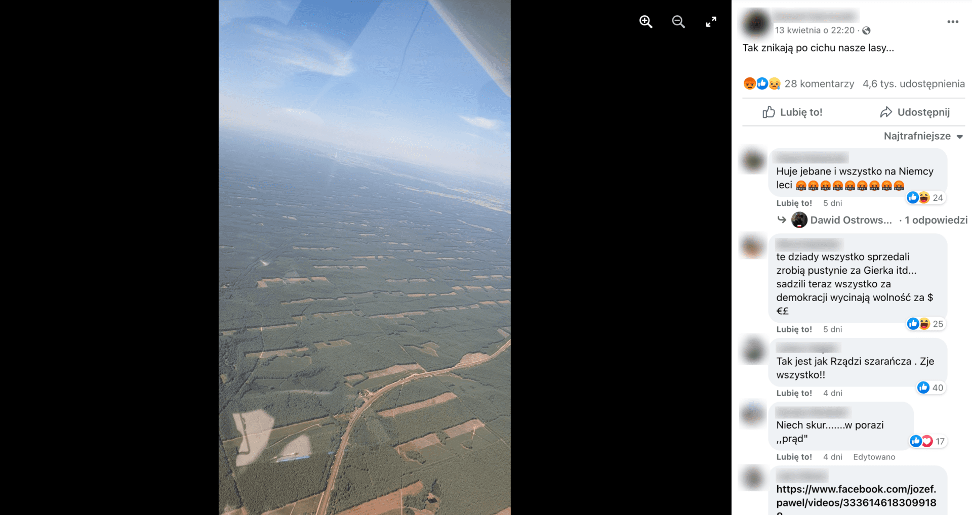 Zdjęcie samolotu przedstawiające lasy ze stosunkowo niewielkimi obszarami niepokrytymi drzewami