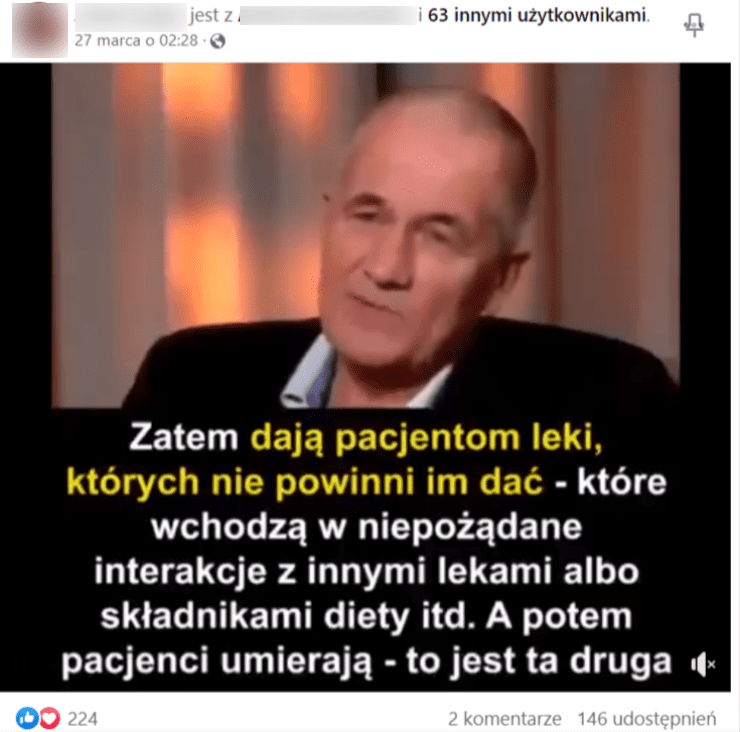 Zrzut ekranu wpisu na Facebooku, w którym zamieszczono film. Na stopklatce widać Petera C. Gøtzsche’ego, który przekonuje, że lekarze dają pacjentom lekarstwa, których nie powinni im dawać. Na nagranie zareagowało ponad 200 osób, a ponad 100 udostępniło go dalej.