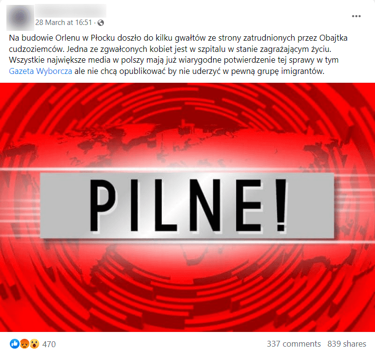 Zrzut ekranu z posta na Facebooku. Na zdjęciu czerwony baner z napisem „Pilne!”. W opisie informacja o rzekomych gwałtach, jakich mieli dopuścić się cudzoziemcy pracujący na terenie budowy Orlenu w Płocku. 