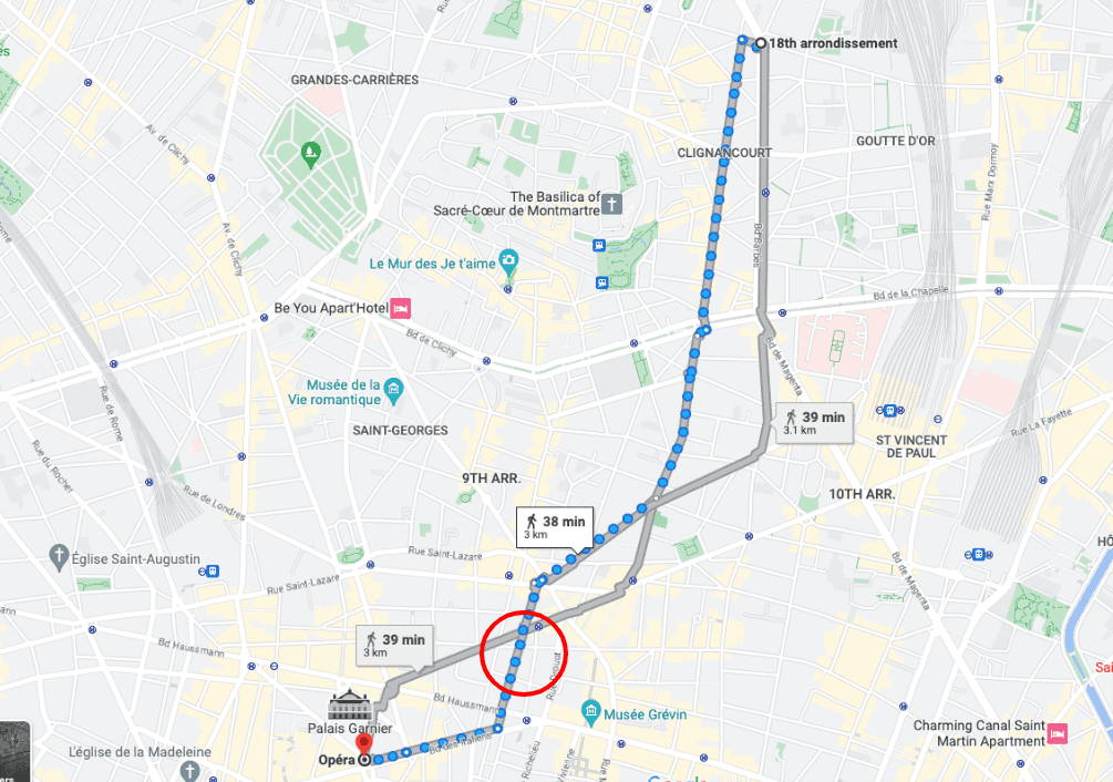 Trasa przemarszu protestujących z 18 dzielnicy pod paryską operę