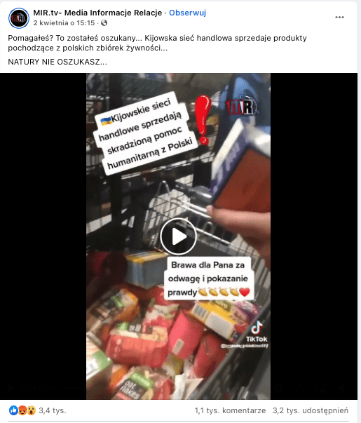 Materiał opublikowany przez MIR.tv. Kadr z nagrania przedstawia sklepowy wózek wyłożony towarami oraz podpisy informujące o tym, że produkty te pochodzą z polskich zbiórek żywnościowych