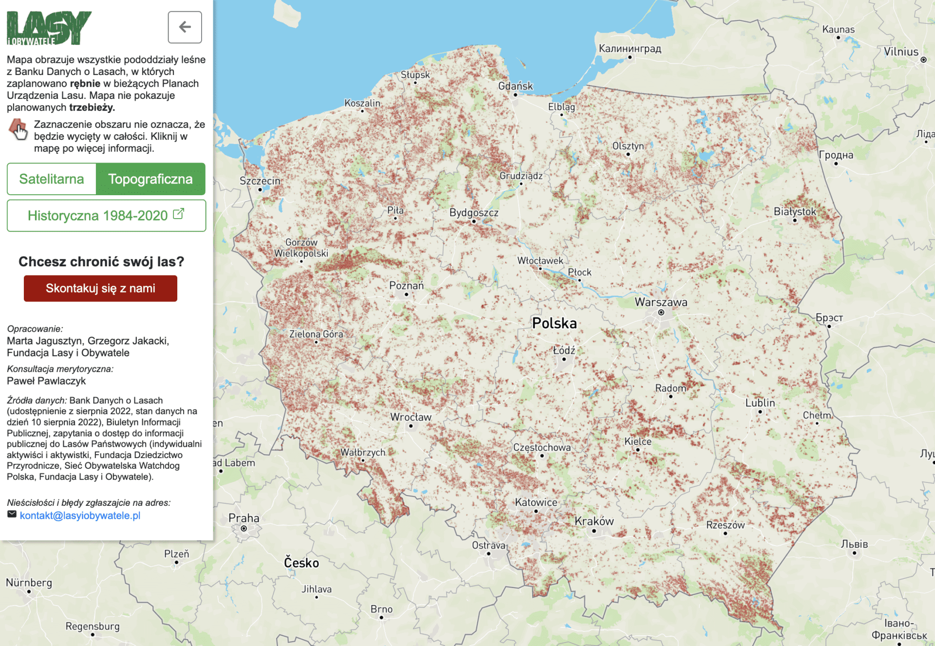 Wersja mapy inicjatywy Lasy i Obywatele z kwietnia 2023 roku. Kolorem czerwonym zaznaczono znacznie mniejszy obszar Polski