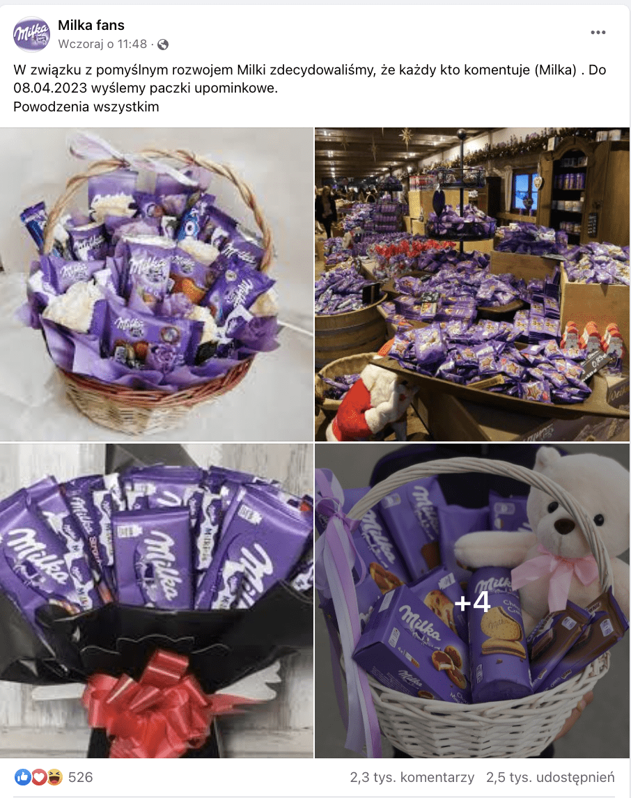 ALT: Zrzut ekranu z Facebooka do posta dołączono zdjęcia, na których widać słodycze od Milki.