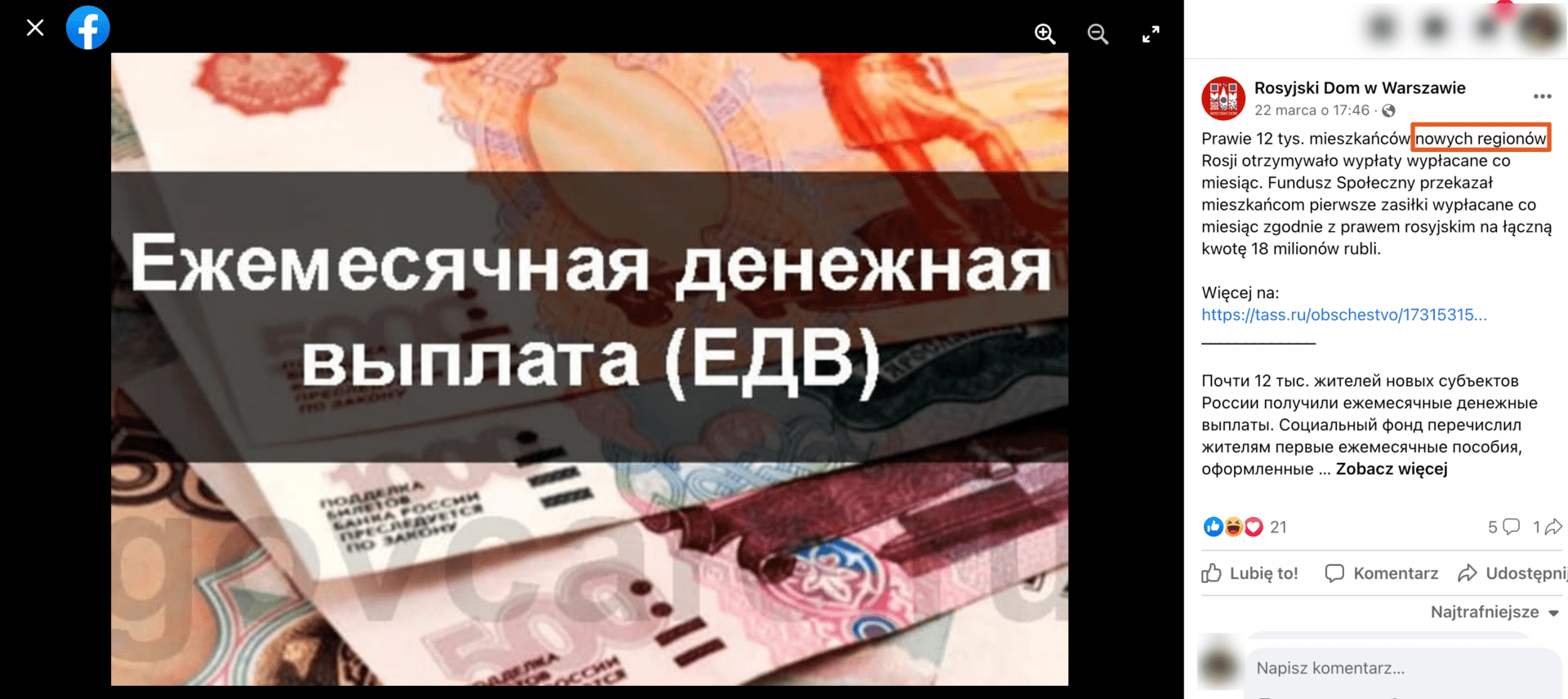 Zrzut ekranu posta na Facebooku opublikowany przez Rosyjski Dom w Warszawie, w którym tereny Ukrainy określone są „nowymi regionami Rosji”. Widoczne jest zdjęcie pieniędzy.
