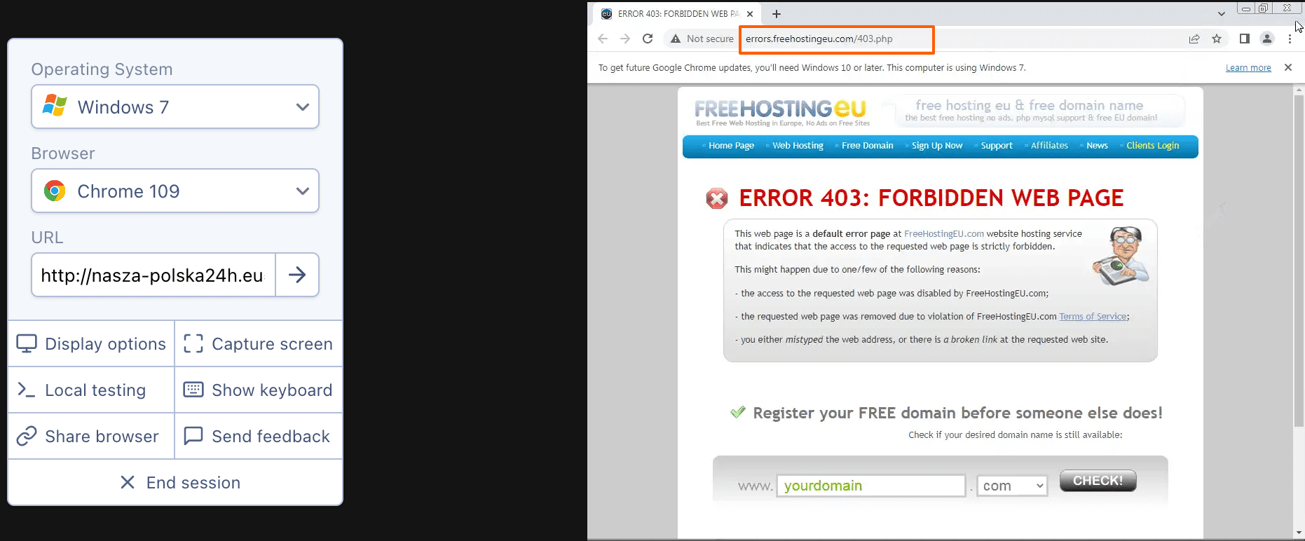 Zrzut ekranu strony browserling.com, w którym sprawdzamy stronę oszustów.
