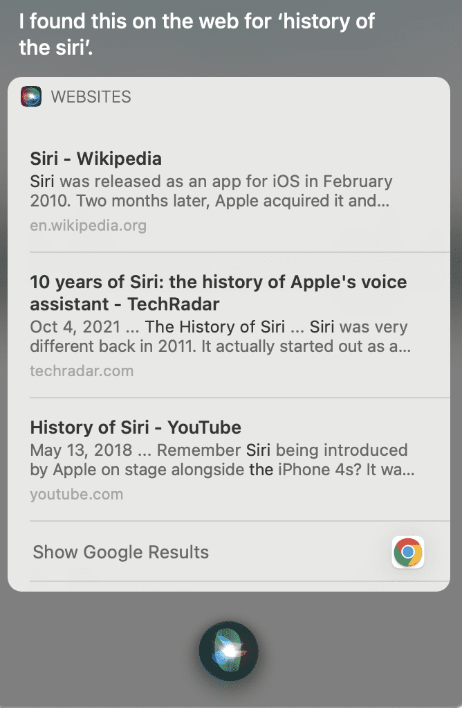 Zrzut ekranu z wyników wyszukiwania Siri. Pierwsza proponowana strona to Wikipedia, następnie techradar.com oraz youtube.com.