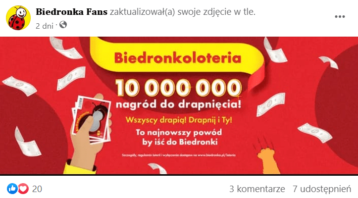 Zrzut ekranu wpisu na Facebooku, w którym fałszywy profil Biedronka fans ukradł Biedronce materiały graficzne z Biedronkoloterii.