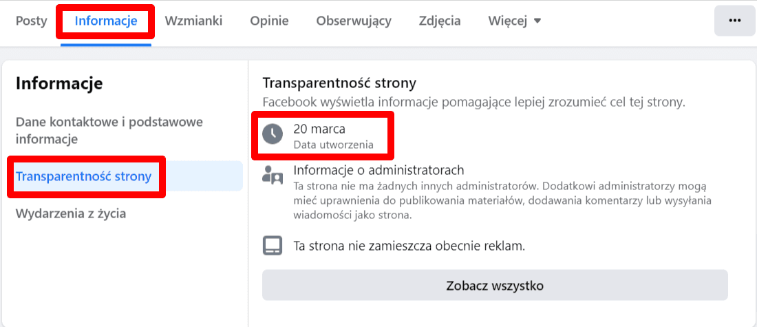 Zrzut ekranu z sekcji „transparentność strony”, w której widać informację o dacie powstania fałszywego profilu.