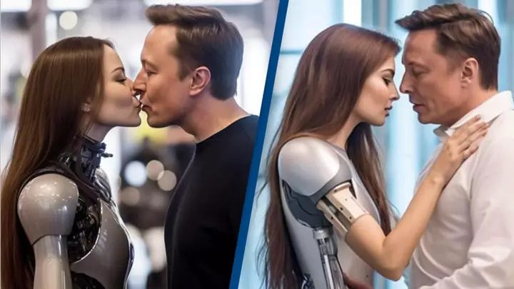 Przykładowa grafika udostępniona na Facebooku. Na obrazach Elon Musk całuje humanoidalne roboty. 