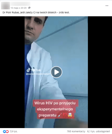 Wpis na Facebooku zawierający nagranie Piotra Rubasa. Mężczyzna ubrany jest w lekarski kitel. Za nim jest biała tablica suchościeralna, po której w dalszej części nagrania mężczyzna będzie rysował 
