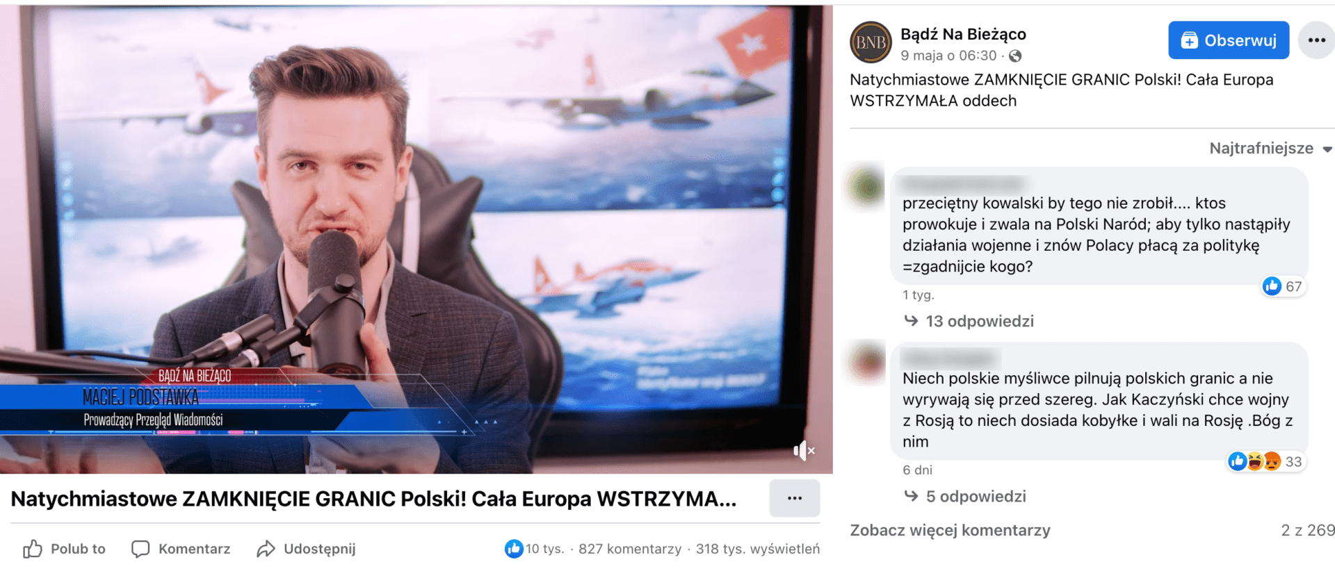Zrzut ekranu posta na Facebooku. W kadrze dołączonego filmu siedzi prowadzący program: mężczyzna w marynarce w kratę. Za nim stoi telewizor, na którym wyświetlono samoloty.
