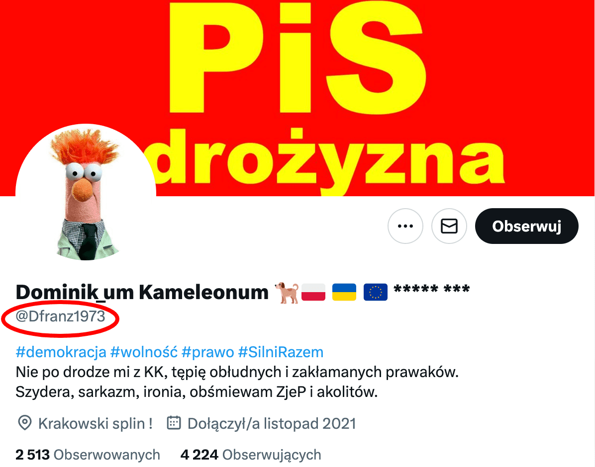 Zrzut ekranu profilu „@Dfranz1973”. W tle znajduje się żółty napis na czerwonym tle: „PiS drożyzna”. Jako zdjęcie profilowe ustawiono kukiełkę muppeta, w zielonym garniturze.