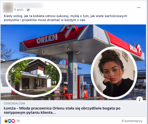 Wpis na Facebooku zawierający zdjęcie młodej kobiety i budynku mieszkalnego. W tle widoczna jest stacja Orlenu