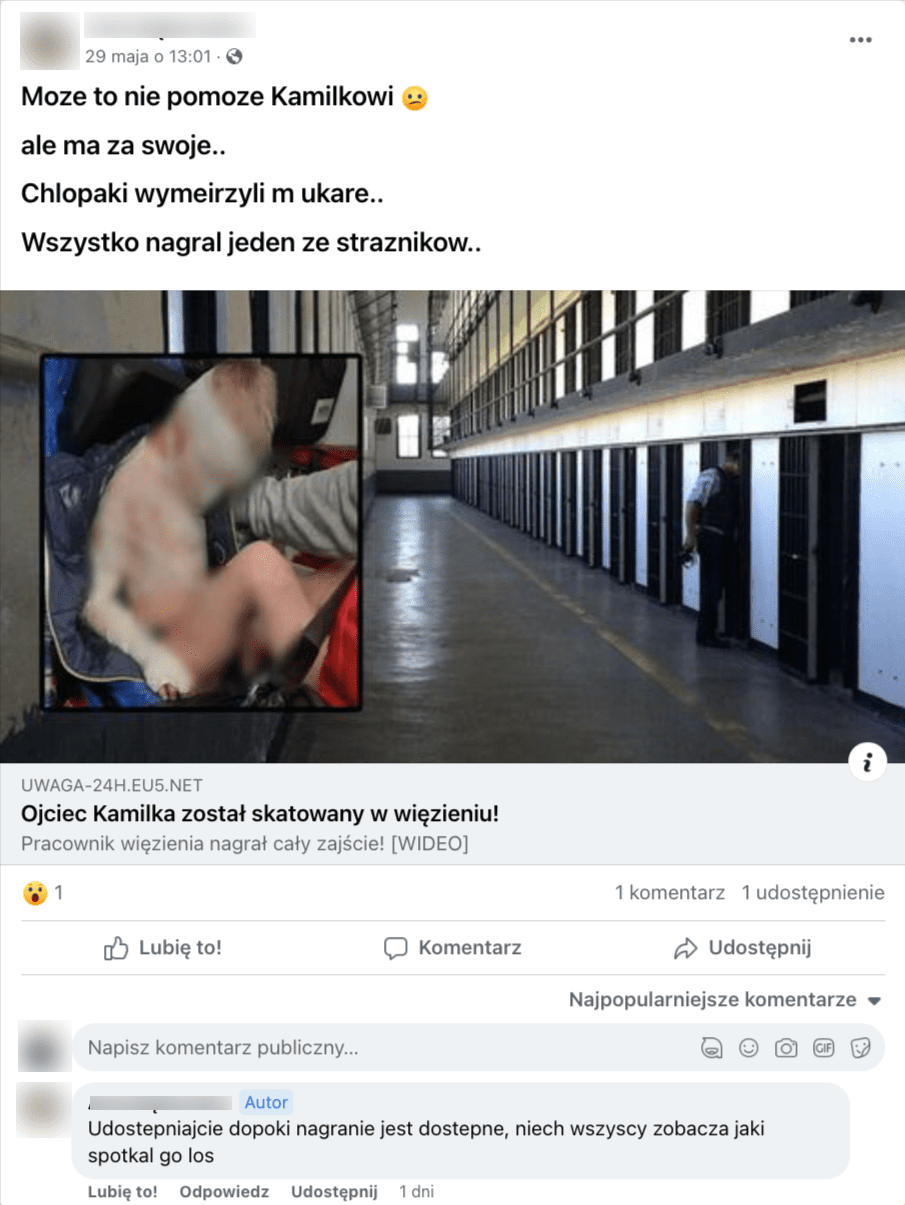 Zrzut ekrany z Facebooka. Do posta dołączono zdjęcie, na którym widać więzienie i sylwetkę skatowanego chłopca. Na post zareagowała jedna osoba. Zdobył jeden komentarz i jedno udostępnienie.