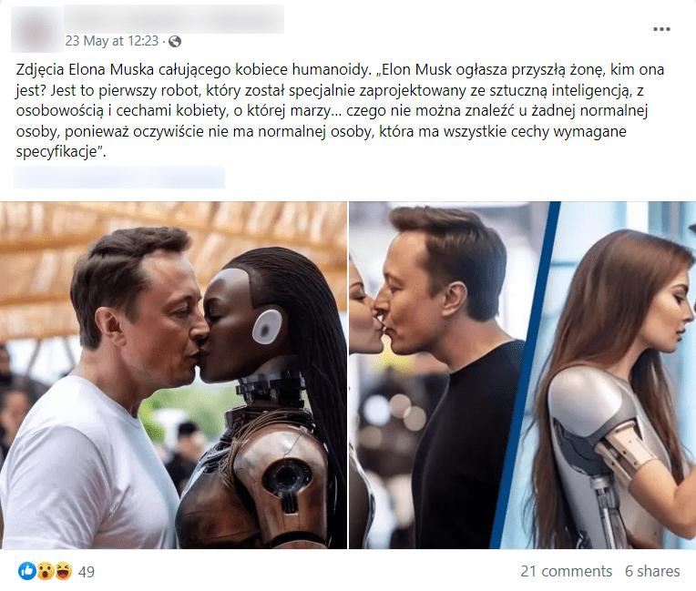 Zrzut ekranu posta na Facebooku. Na zdjęciach Elon Musk całujący humanoidalne kobiety. W opisie informacja, że robot ma zostać przyszłą żoną miliardera.  