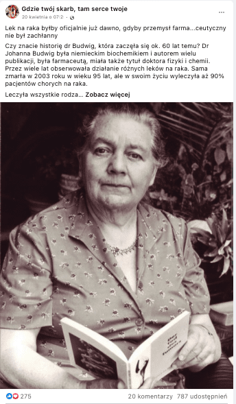 Wpis na Facebooku zawierający opis diety Budwig wraz ze zdjęciem dr Johanny Budwig. Fotografia zrobiona w wyblakłych kolorach przedstawia starszą kobietę ubraną w koszulę, trzymającą w dłoniach książkę
