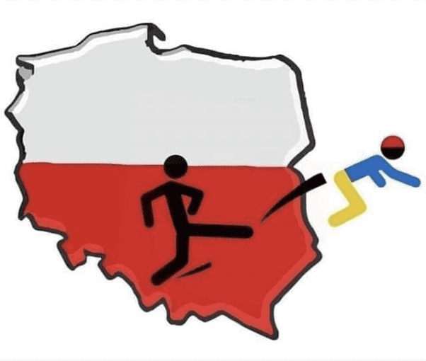 Grafika przedstawia Polaka wyrzucającego Ukraińca z Polski.