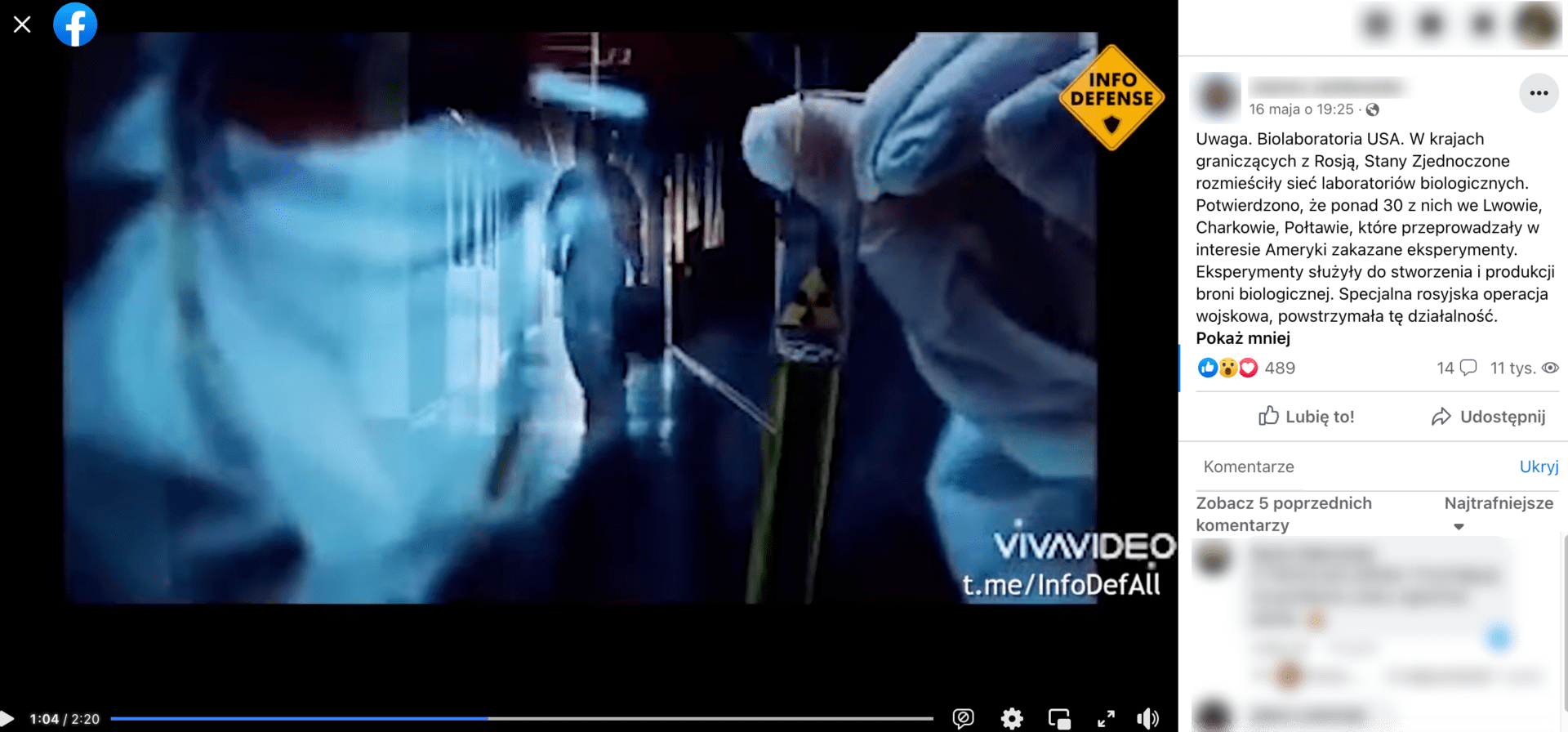 Zrzut ekranu omawianego posta, w którym zamieszczono nagranie dotyczące rzekomych laboratoriów broni biologicznej w Ukrainie. Widoczny jest człowiek w ubraniu ochronnym idący korytarzem i dłonie w rękawiczkach trzymające probówkę.