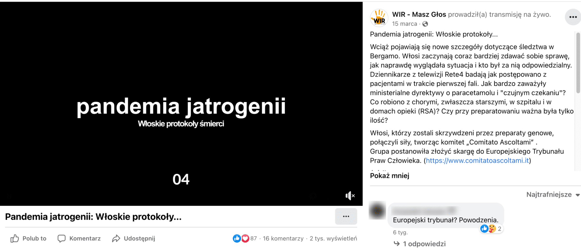 Zrzut ekranu omawianego posta udostępniającego film. W kadrze, na czarnym tle, napisano białymi literami: „pandemia jatrogenii, Włoskie protokoły śmierci”.