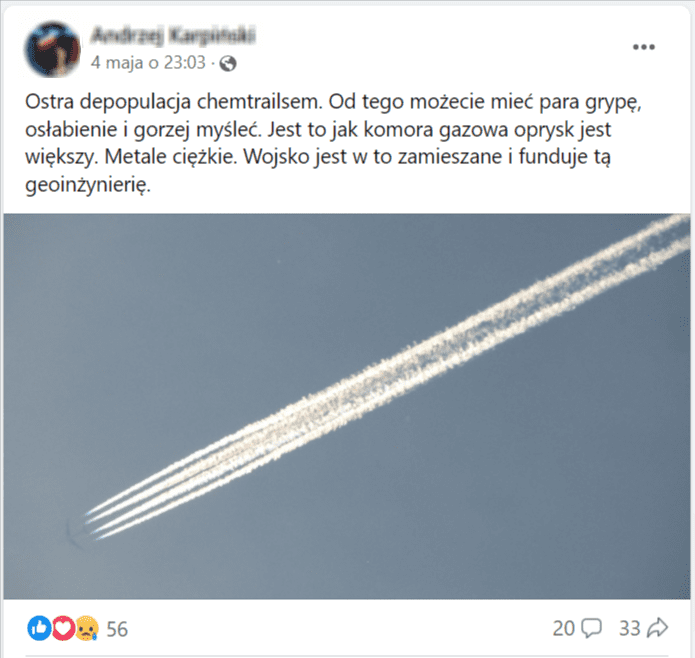 Zrzut ekranu z facebookowego posta z widocznym zdjęciem przedstawiającym smugi kondensacyjne za samolotem. Liczba reakcji: 56, liczba komentarzy: 20, liczba udostępnień: 33.
