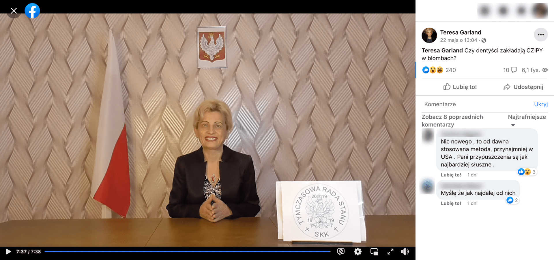 Zrzut ekranu posta, w którym udostępniono omawiane nagranie. Widoczna jest Teresa Garland, a obok niej flaga Polski i napis o treści: „Tymczasowa Rada Stanu”.