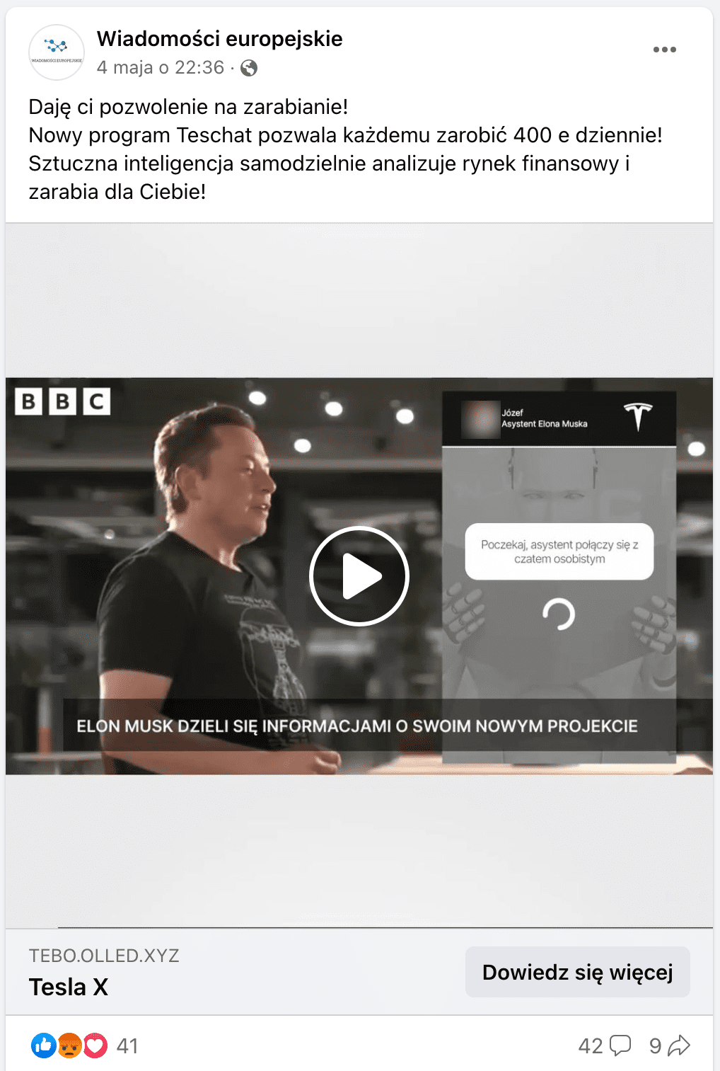 Zrzut ekranu omawianego posta na Facebooku. W kadrze udostępnionego filmu stoi Elon Musk ubrany w czarną koszulkę. W lewym górnym roku znajduje się logo brytyjskiej telewizji BBC. Po prawej stronie ekranu umieszczono okno czatu z „asystentem Elona Muska”, „Józefem”.