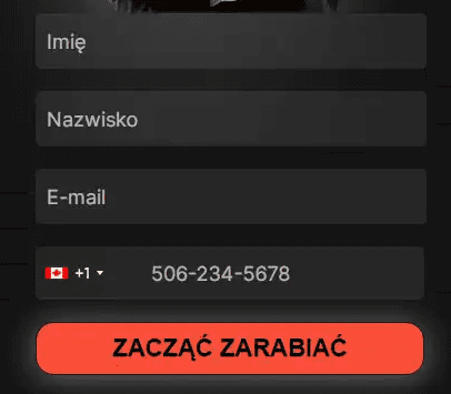 Zrzut ekranu ze strony oszustów internetowych, na której widać formularz rejestracyjny z miejscem na imię, nazwisko, e-mail i numer telefonu.
