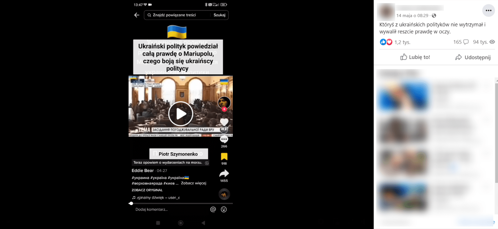 Zrzut ekranu wpisu na Facebooku, w którym zamieszczono materiał wideo z wypowiedzią Petra Symonenki. Napisano w nim: „któryś z ukraińskich polityków nie wytrzymał i wywalił reszcie prawdę w oczy”.