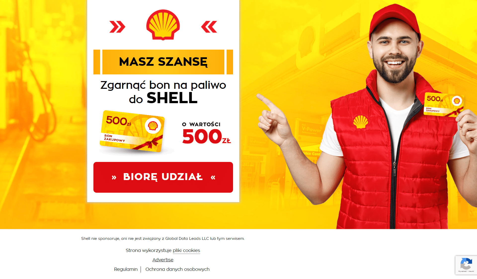 Zrzut ekranu ze strony internetowej oszustów. Logo koncernu Shell oraz przycisk do wzięcia udziału w zabawie.