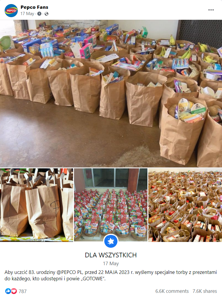 Zrzut ekranu z posta na Facebooku. Informacja o rzekomych torbach prezentowych rozdawanych z okazji urodzin Pepco.