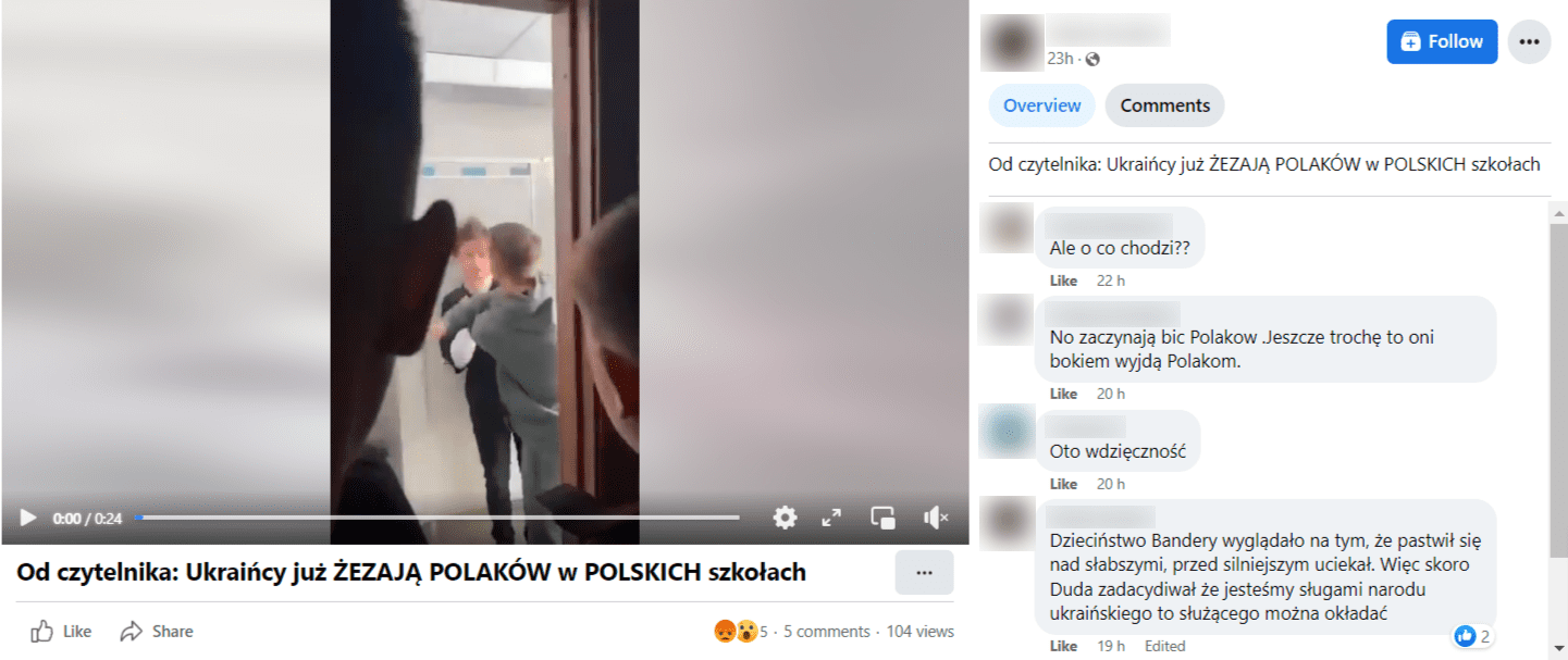 Zrzut ekranu z posta na Facebooku. Na nagraniu zostaje pobity kilkunastoletni chłopiec. W opisie pojawia się informacja, że sytuacja miała miejsce w polskiej szkole, sprawcą jest Ukrainiec, a ofiarą Polak. 