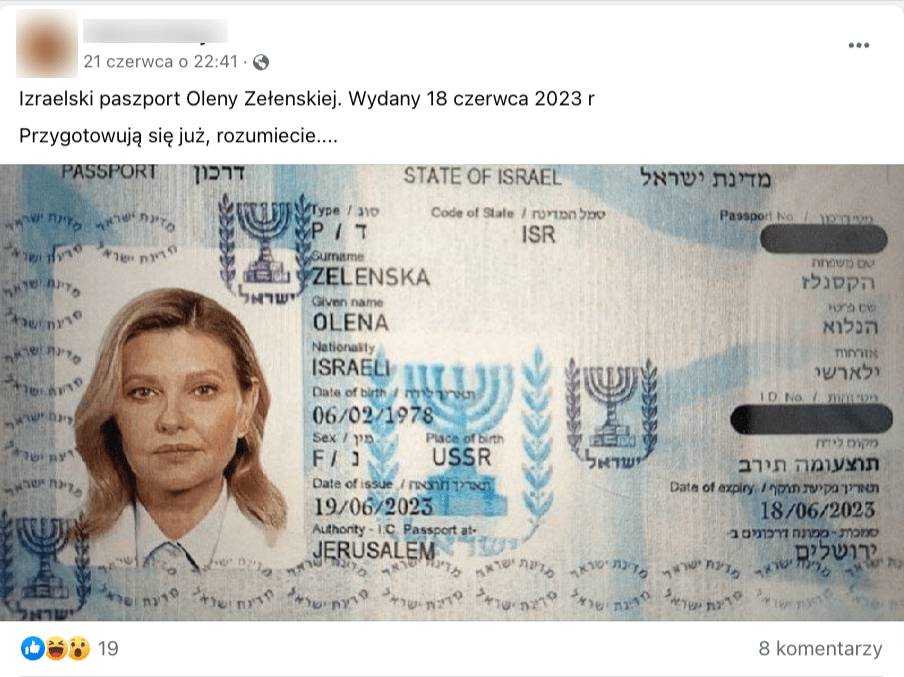 Zrzut ekranu z Facebooka. Do posta dołączono grafikę, na którym widać zdjęcie izraelskiego paszportu Ołeny Zełenskiej. Post polubiono 19 razy, osiem osób go skomentowało.
