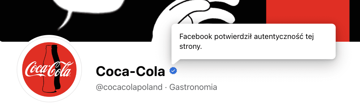 Zrzut ekranu przedstawiający nazwę prawdziwego profilu Coca-Coli z niebieskim znakiem weryfikacji z białym ptaszkiem.