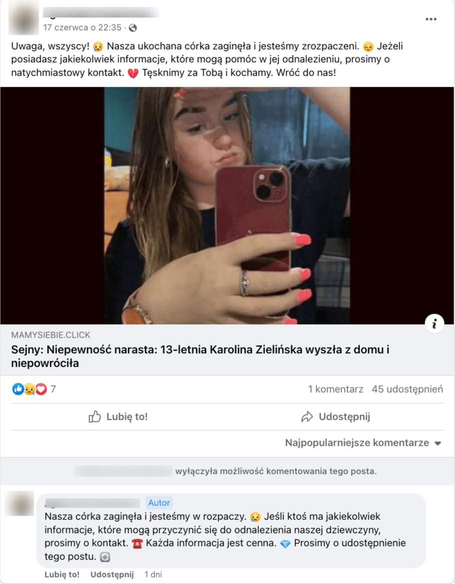 Zrzut ekranu z Facebooka. Na zdjęciu widać młodą nastolatkę z telefonem komórkowym.