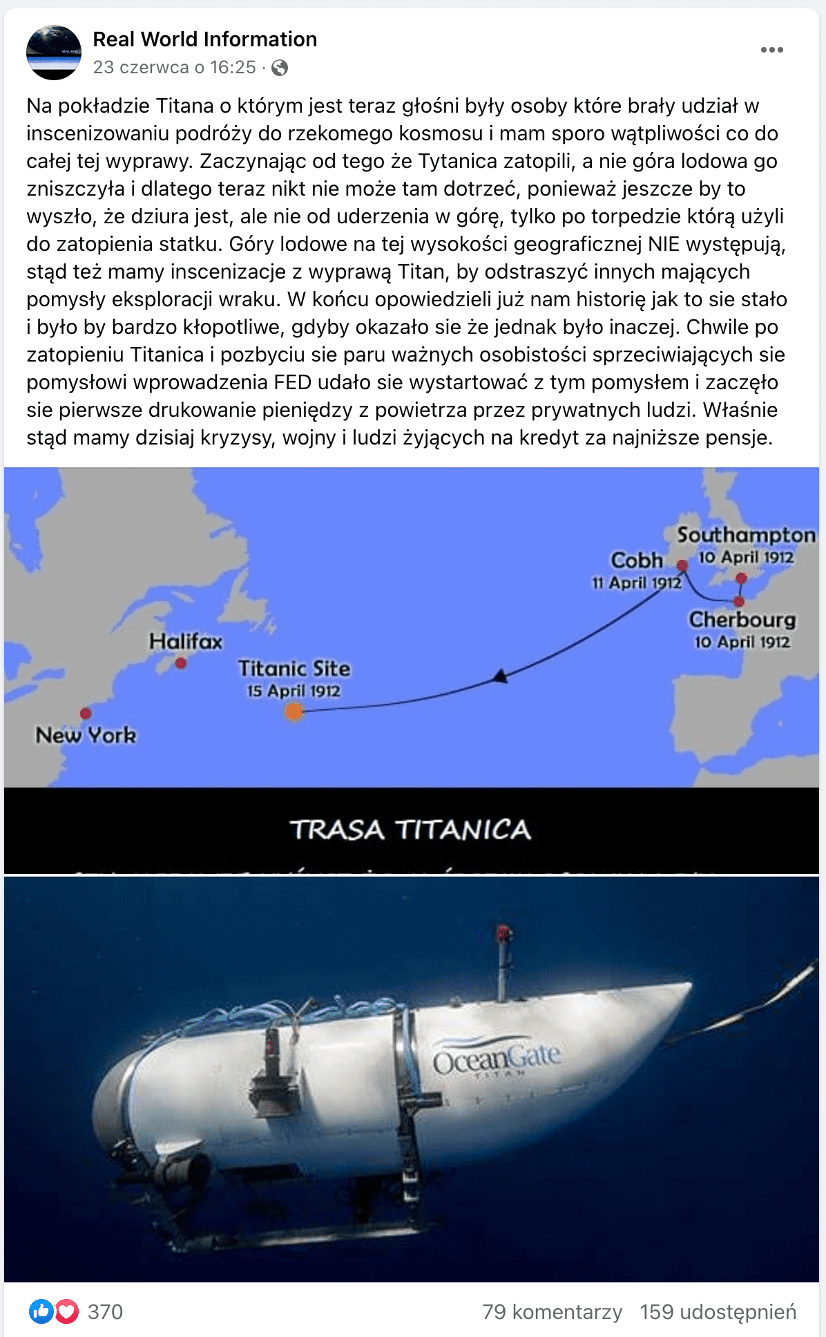 Zrzut ekranu posta na Facebooku. Dołączono do niego mapę przedstawiającą trasę Titanica oraz zdjęcie łodzi podwodnej Titan w zanurzeniu. Pod mapą napisano wielkimi literami: „CZY NAPRAWDĘ MYŚLISZ, ŻE NA ŚRODKU OCEANU W TYM POŁOŻENIU GEOGRAFICZNYM WYROSŁABY TAM GÓRA LODOWA?”.