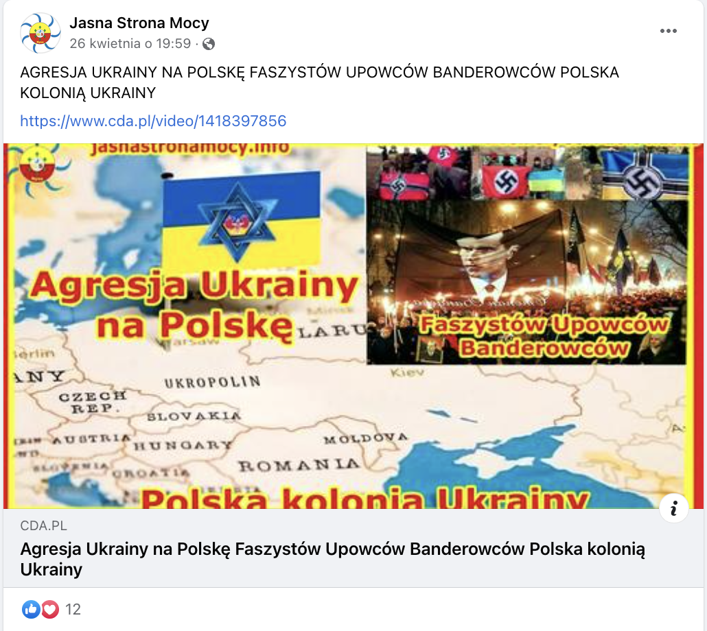 Zrzut ekranu z Facebooka. Na zdjęciu przykład antyukraińskiej propagandy.
