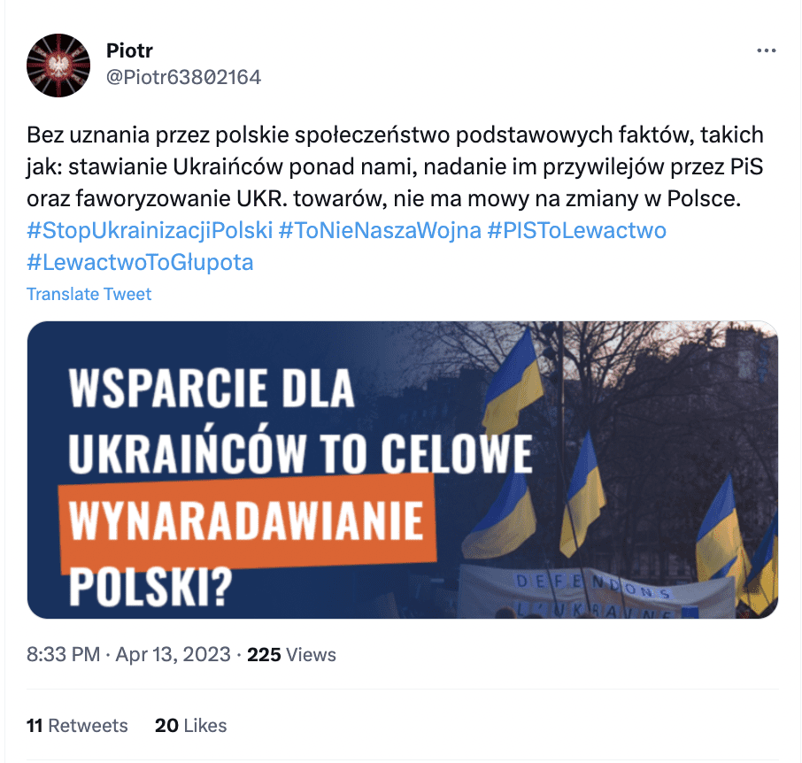 Zrzut ekranu z Twittera. Na zdjęciu przykład antyukraińskiej propagandy.