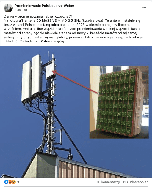 Wpis na Facebooku przedstawiający antenę na dachu oraz mniejszy obrazek rzekomo pokazujący jej wnętrze. Mniejsze zdjęcie przedstawia prostokątną antenę ze zdjętą obudową. Pod nią znajduje się szereg małych, zielonych kwadracików ułożonych w rzędy.