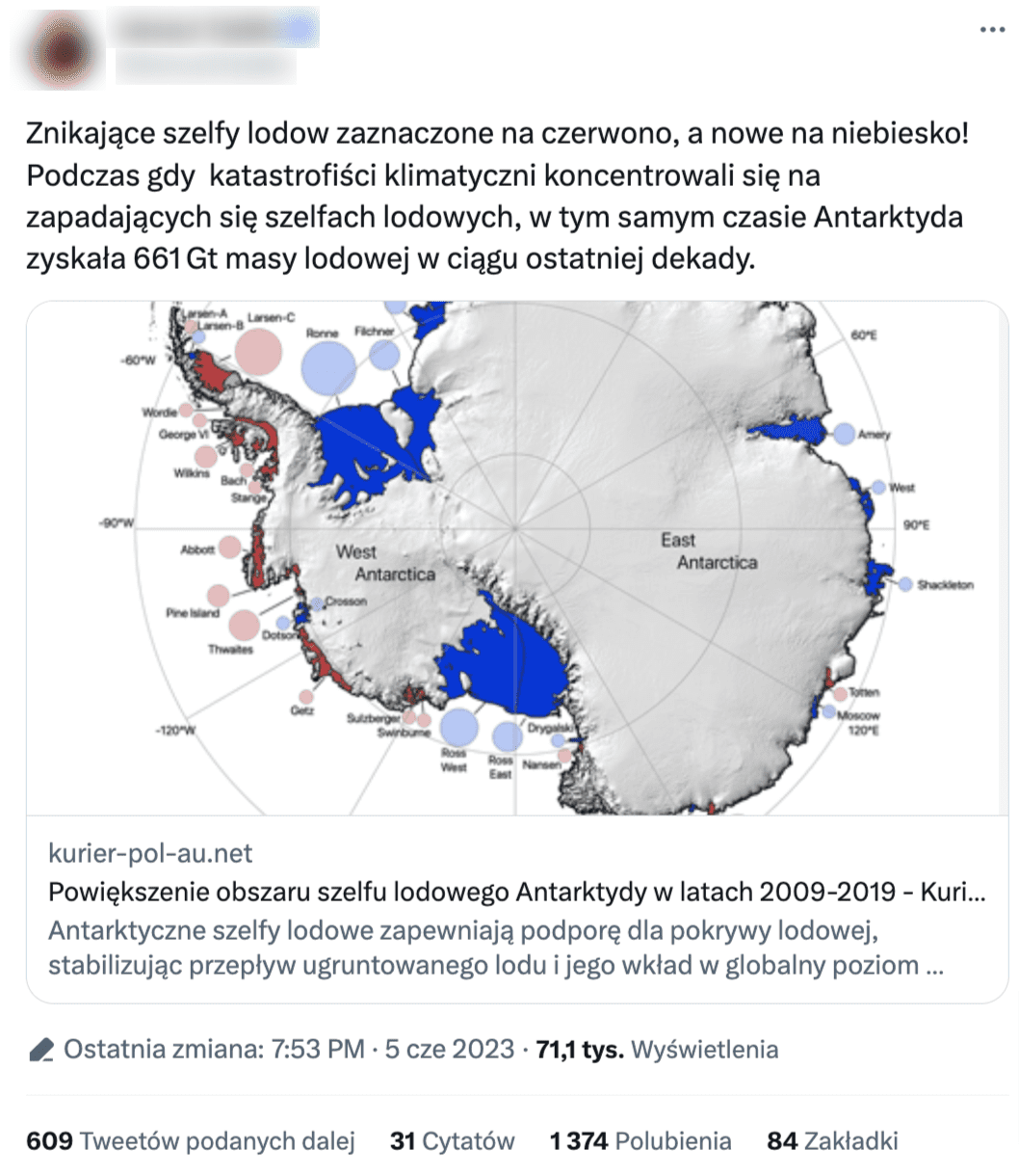 Tweet ze zrzutem ekranu mapy, gdzie na czerwono zaznaczono ubytki powierzchni szelfów lodowych (Antarktyda Zachodnia), a na niebiesko przybywanie powierzchni (Antarktyda Wschodnia).