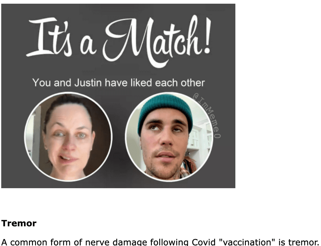 Zrzut ekranu ze strony howbad.info. Widoczny jest napis: „it’s a match” oraz zdjęcia kobiety i Justina Biebera.