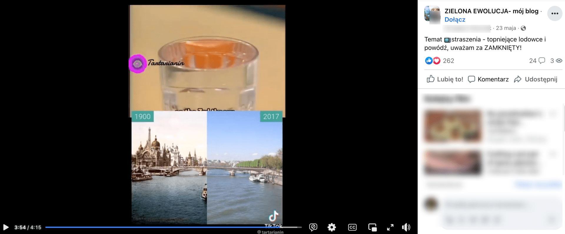 Zrzut ekranu posta, w którym zamieszczono omawiane nagranie. Widoczni są mężczyzna w pomarańczowym swetrze i chłopiec w pomarańczowym swetrze z wzorami. Pod nimi widać dwa zdjęcia rzeki: z 1900 i 2017 roku.