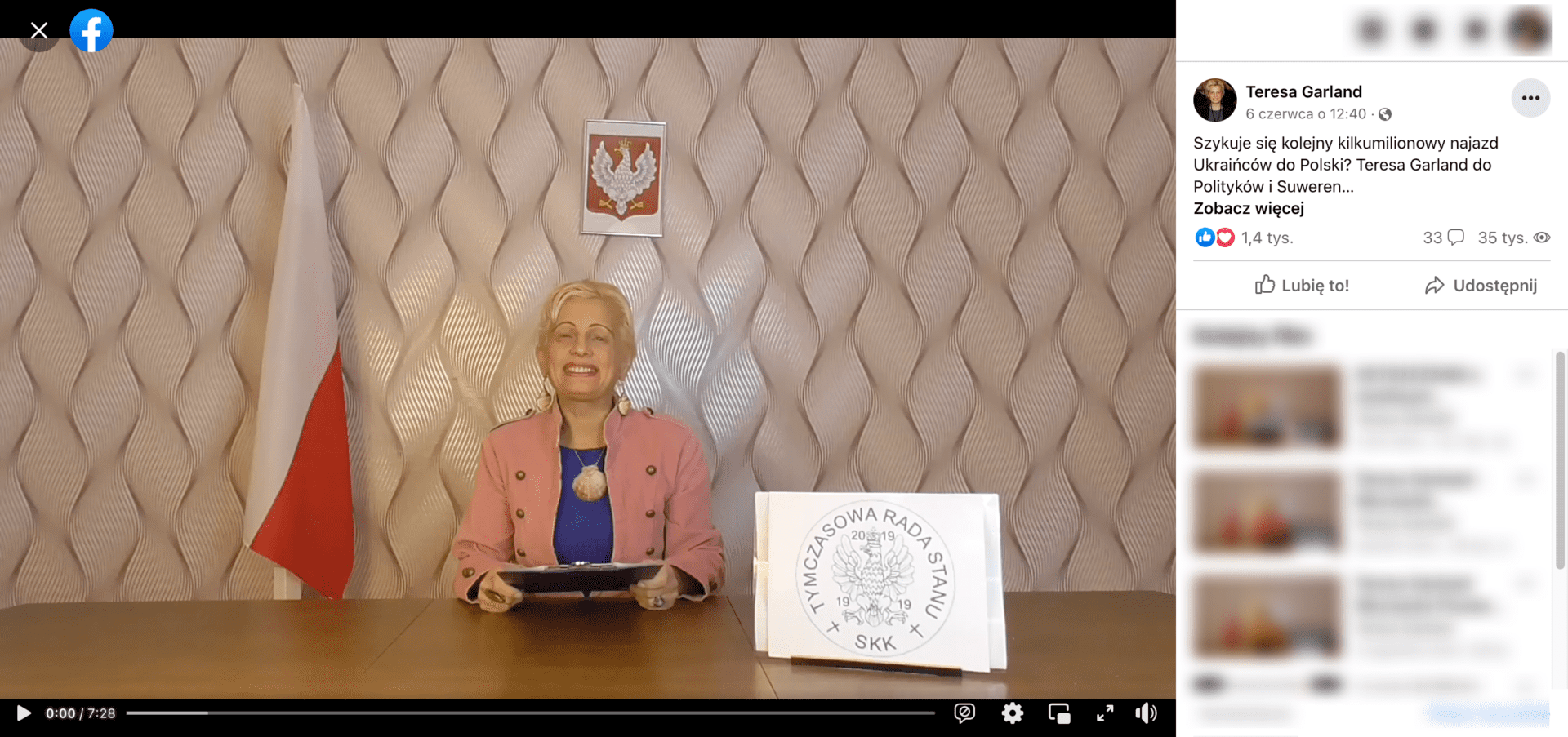 Zrzut ekranu posta, w którym udostępniono omawiane nagranie. Widoczna jest Teresa Garland w niebieskiej bluzce i różowej marynarce. Za nią wisi flaga polski, a przed nią napis o treści: „tymczasowa rada stanu”.