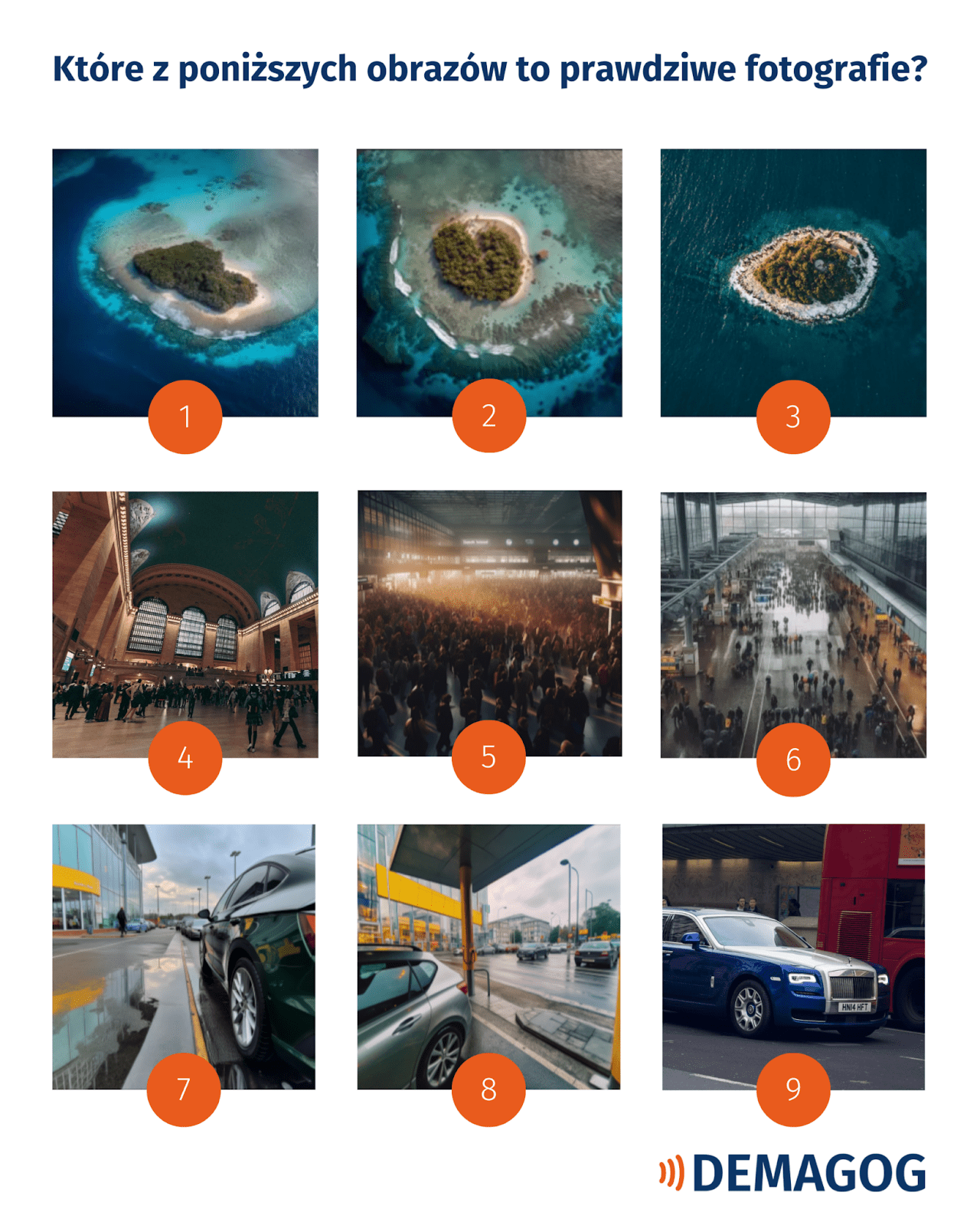 Zadanie specjalne dla czytelników Demagoga. Na grafice umieszczono 9 obrazów, spośród których tylko 3 to prawdziwe zdjęcia. Pozostałe zostały wygenerowane przez AI.