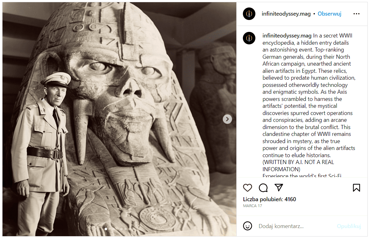 Zrzut ekranu z Instagrama. Na zdjęciu widać wygenerowanego nazistę w egipskiej świątyni.