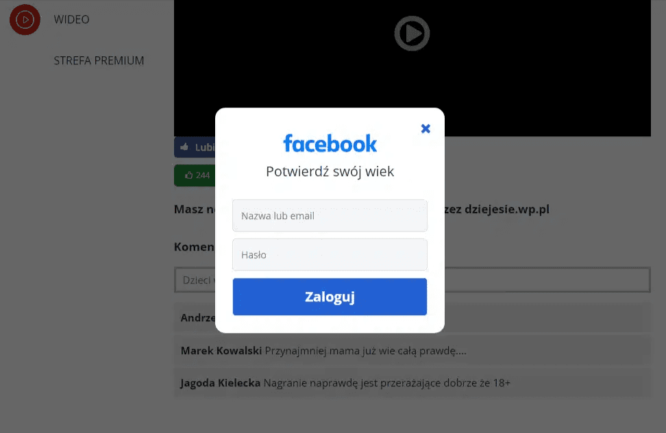Zrzut ekranu ze strony, która podszywa się pod serwis informacyjny WP. Na zrzucie widać formularz do logowania na Facebooku, który wyświetla się po kliknięciu w odtwarzacz.