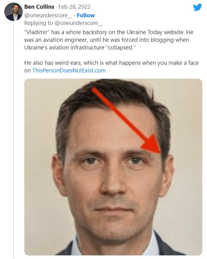 Zrzut ekranu wpisu na Twitterze, w którym Ben Collins opisywał fałszywe konta wraz z wygenerowanymi zdjęciami.