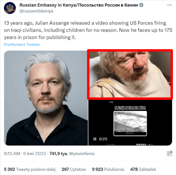 Zrzut ekranu twitterowego wpisu rosyjskiej ambasady w Kenii, w którym przedstawiono wygenerowany obraz Juliana Assange’a.