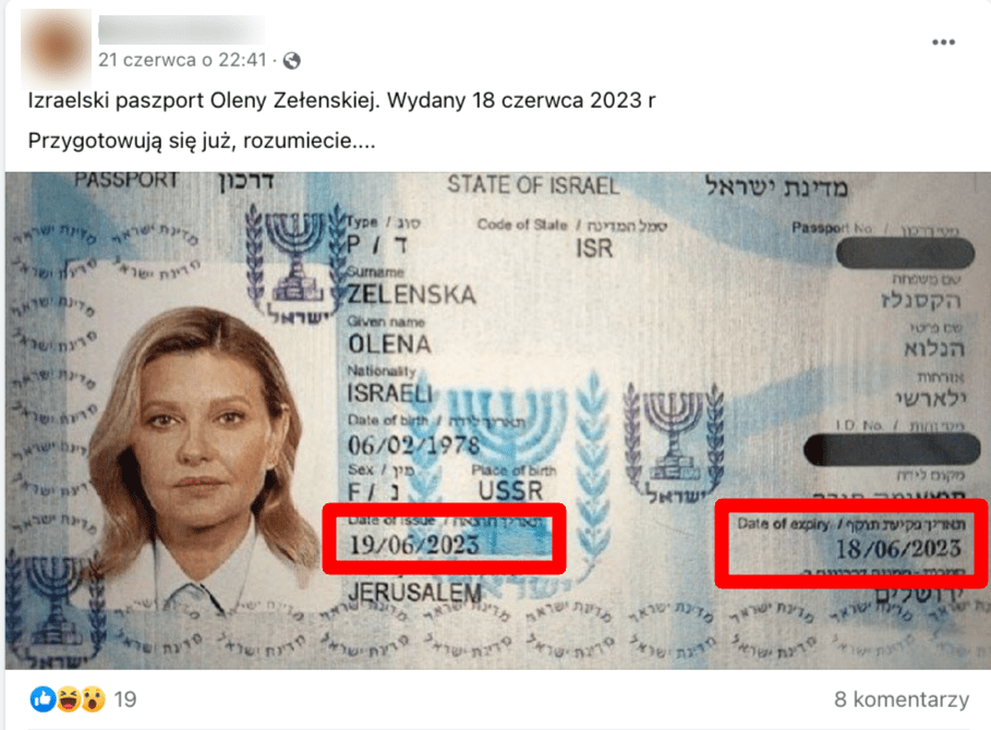Zrzut ekranu z Facebooka. Do posta dołączono grafikę, na którym widać zdjęcie izraelskiego paszportu Ołeny Zełenskiej. Zaznaczono na na nim datę wydania i termin ważności dokumentu.