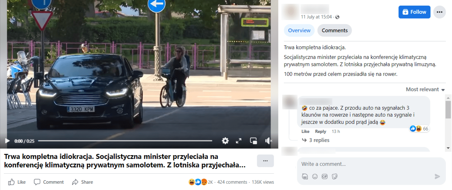 Zrzut ekranu z posta na Facebooku. Na nagraniu Teresa Ribera jadąca na rowerze. W opisie informacja, że minister przyleciała na spotkanie prywatnym samolotem, a następnie dojechała limuzyną 100 metrów od miejsca docelowego. 